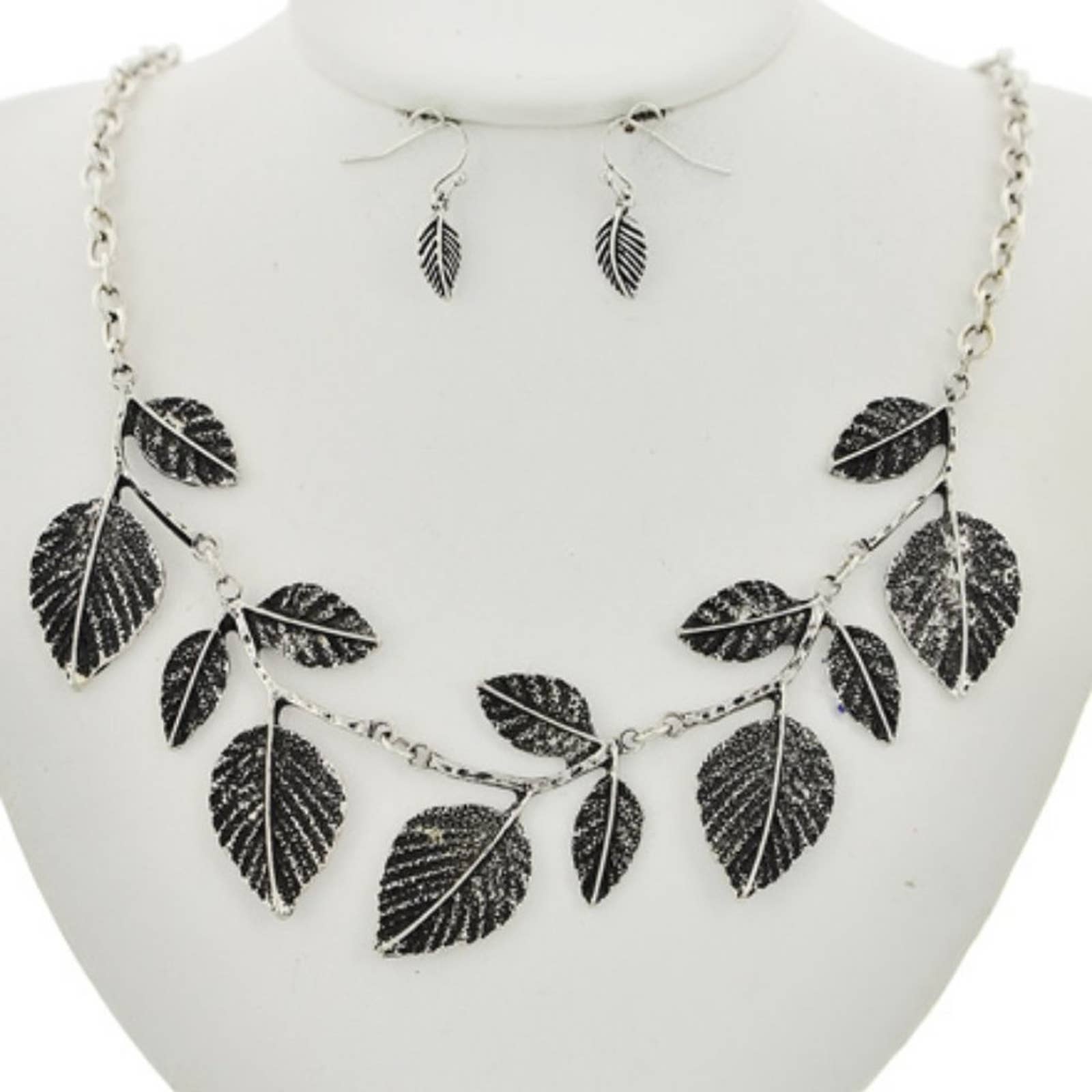 Burnished Silver Tone Leaf Necklace & Earrings